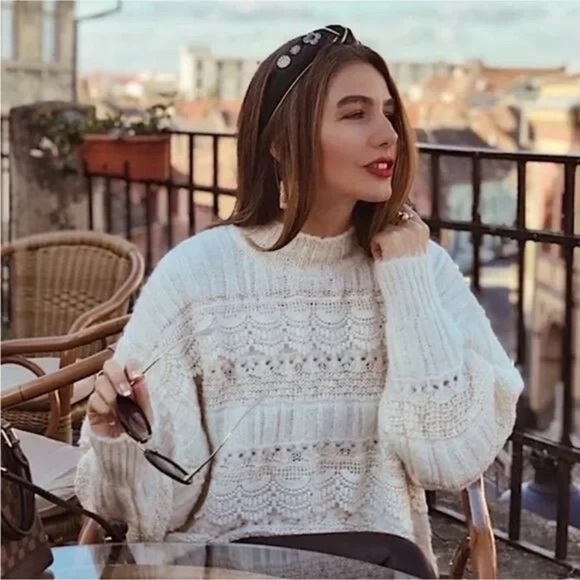 NWOT ZARA Alpaca Blend Long Sleeve Open Knit Lace Boho Blogger Favorite Sweater - Picture 2 of 11